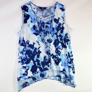 Liz McCoy Women's 2X Blue Floral Ruffle Criss Cross Asymmetrical Hem Top
